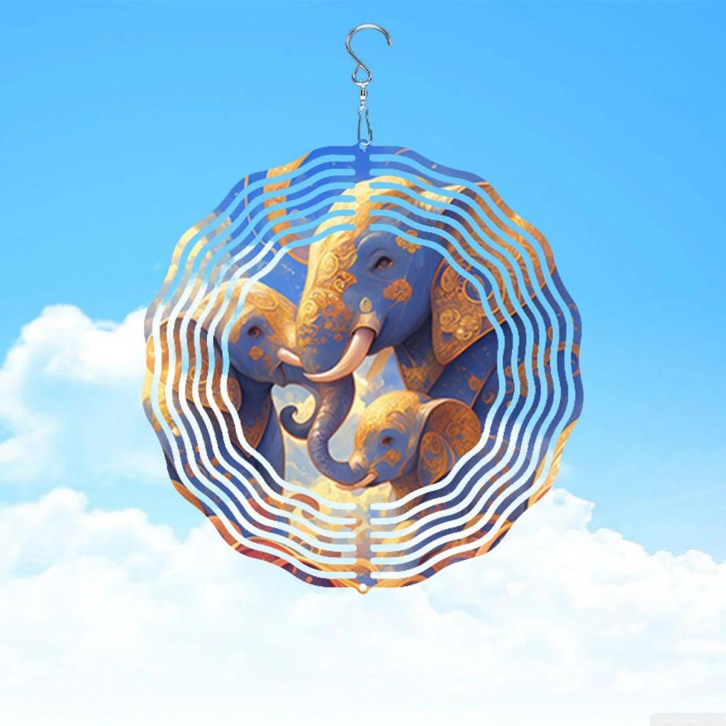 3D Metal Wind Spinner - Mandala Laser-Cut Kinetic Sculpture with Holographic Starry Sky Elephant Family Design
