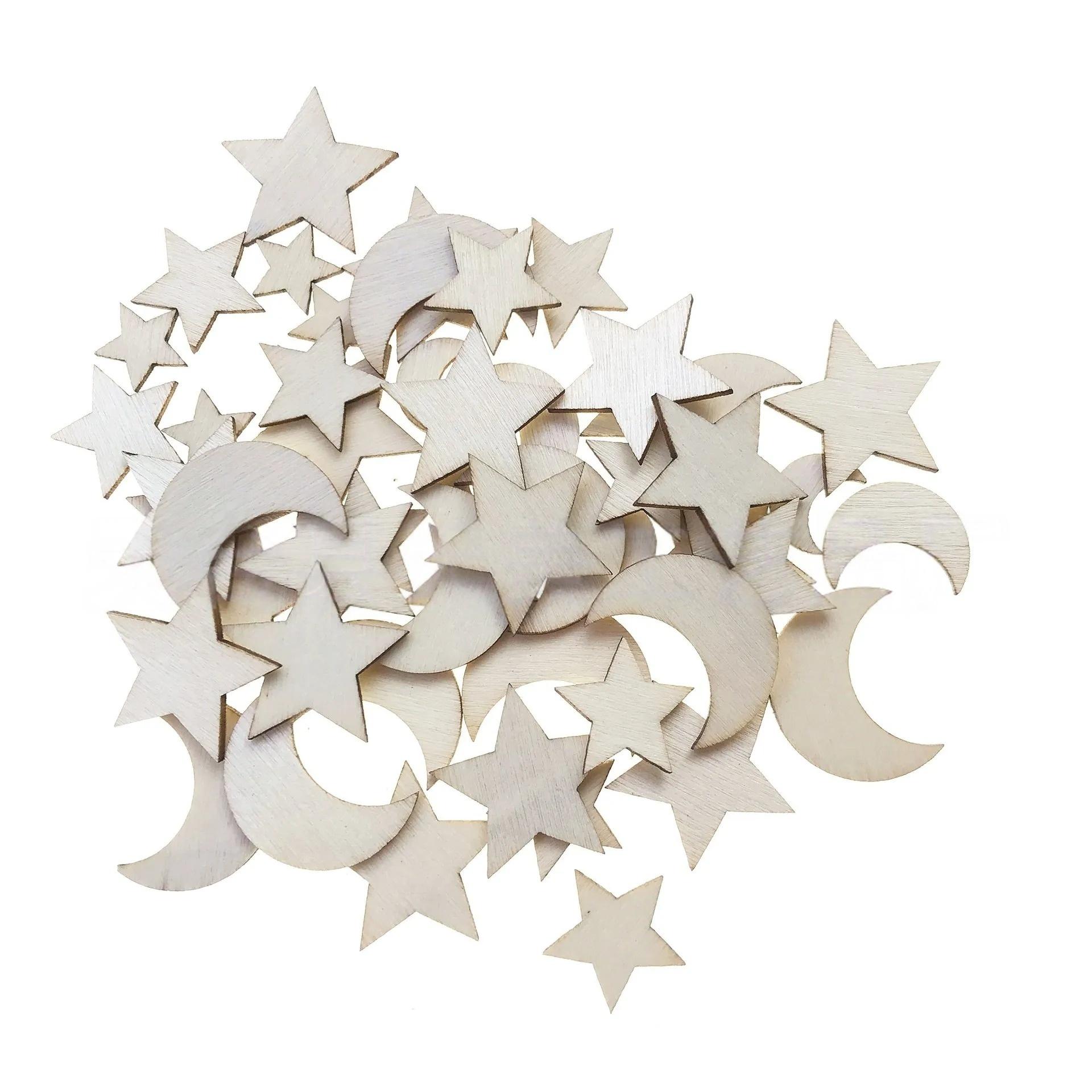 

100pcs 10mm/15mm/20mm Blank Star Moon Shape Wood Slices Mixed Wooden Cutouts for Christmas Wedding Valentine Home Decor 10mm15mm20mm mix