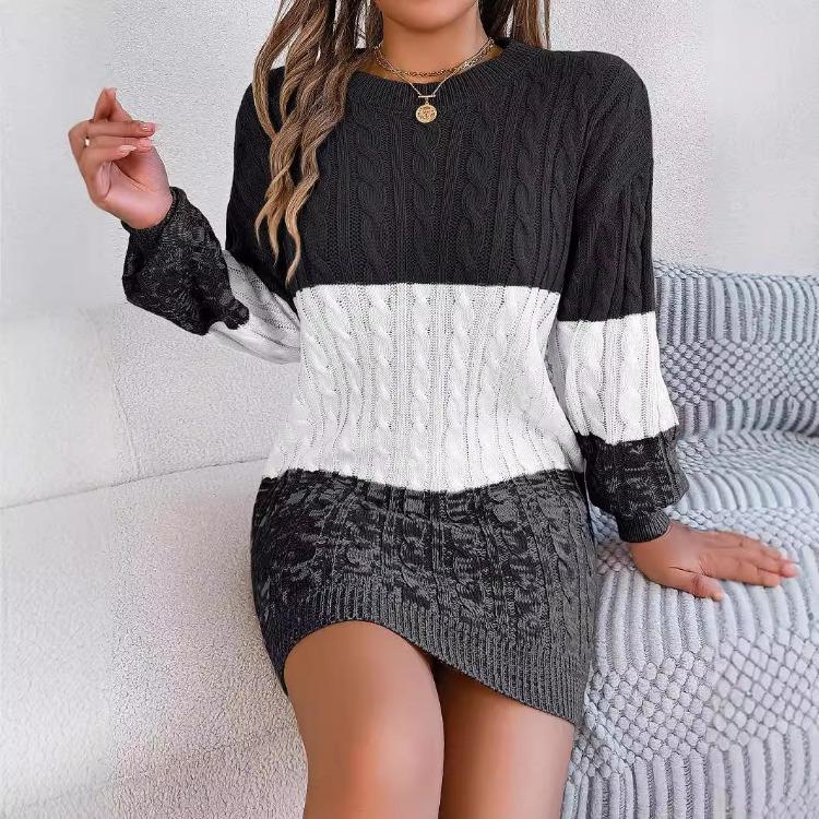 

Loose Knit Dress Women s Straight Fall Winter Wide Dresses Wind Pit Strip Lazy Style Long Sleeve O Neck L чорний
