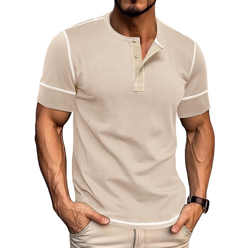 Europeisk och amerikansk stil herr sommar Henry-skjorta kortärmad färgblockerad t-shirt med knappar rund hals topp