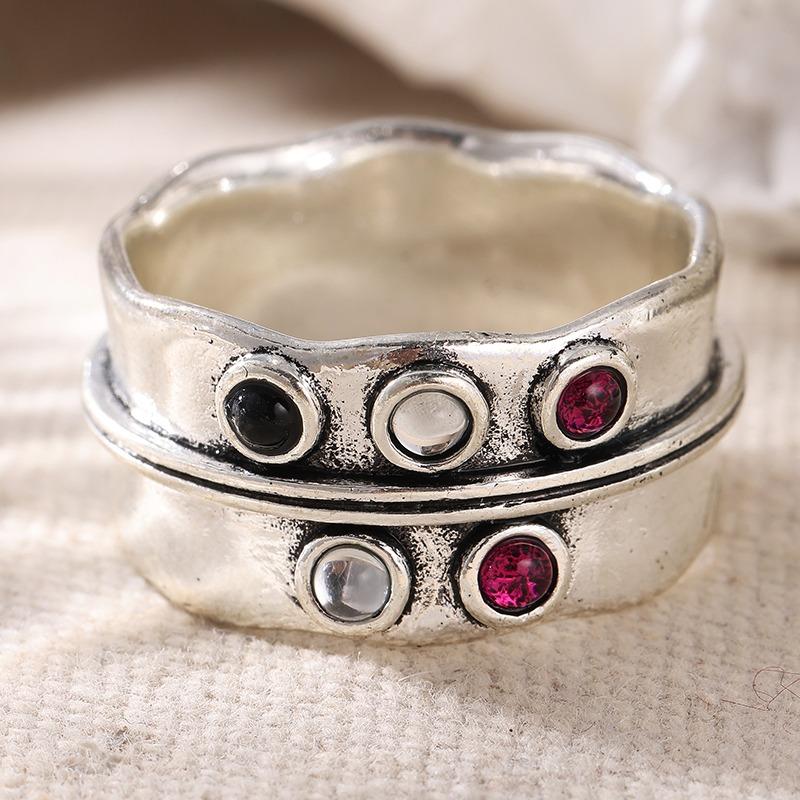 Vintage Inlaid Multicolored Stone Surround Women's Ring CopperColor Hand Carving Daily Wear Party Jewelry Anniversary Gift