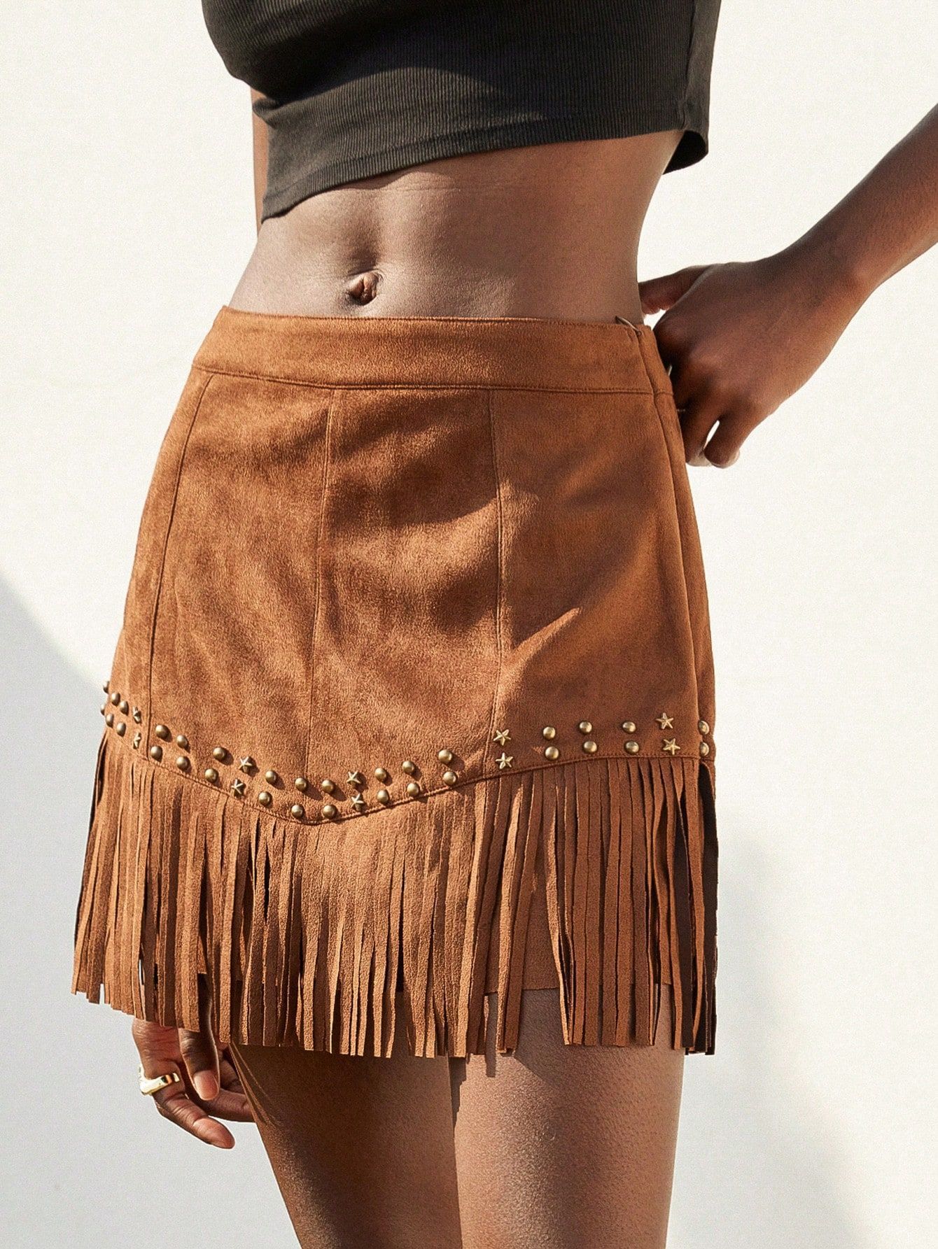 Women s Fringe Studded Suede Look Mini Skirt Brown Western Style S
