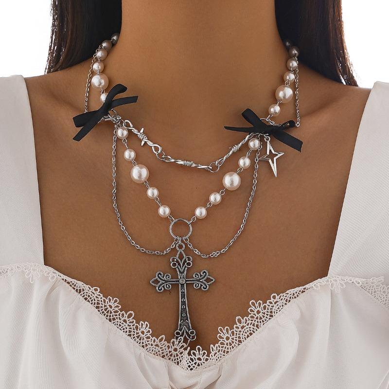 Punk metal cross faux pearl tassel necklace - sweet & cool ins style bowknot choker