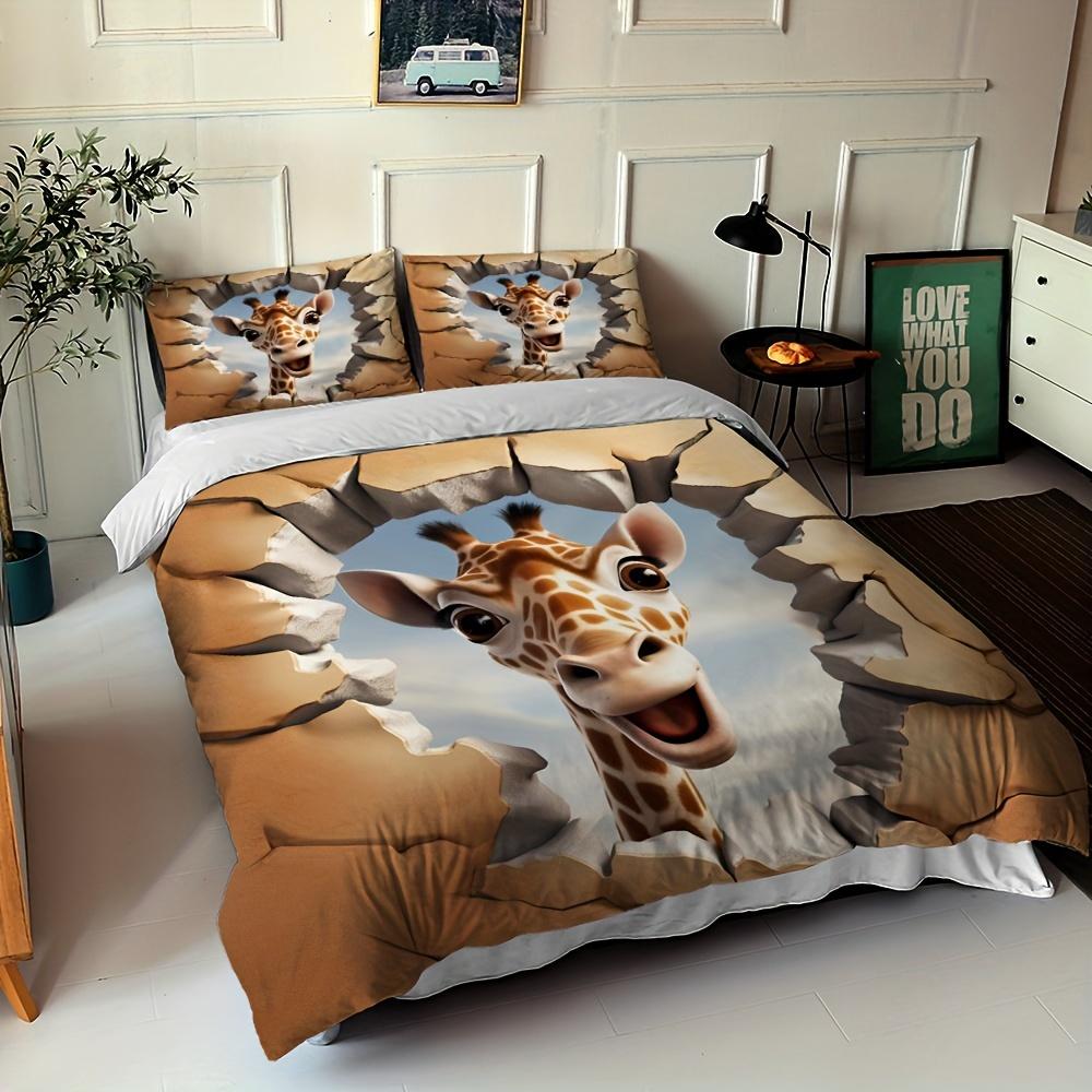 3D Giraffe Print Duvet Cover Set with Pillowcase Animal ThemeAll-Season Bedding Polyester Fabric Machine Washable Digital Print