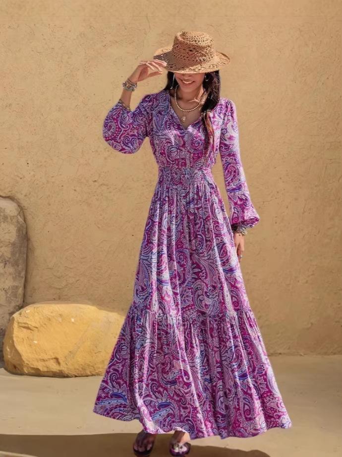 European and American new, bohemian printed V-neck drawstring waist women s dress S