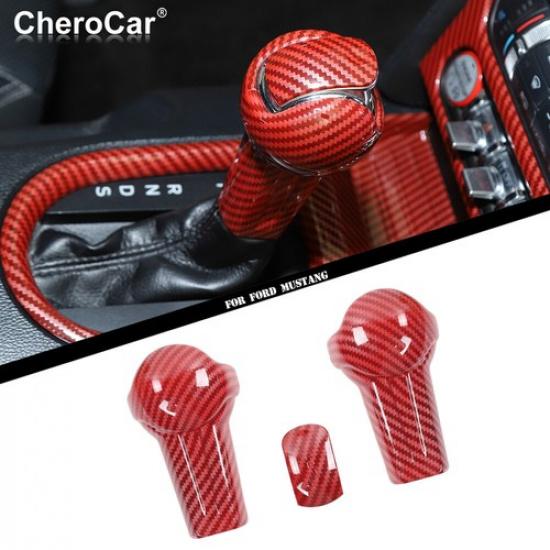 For Ford Mustang 2015- Red Carbon Fiber Gear Shift Knob Head Cover Sticker 3