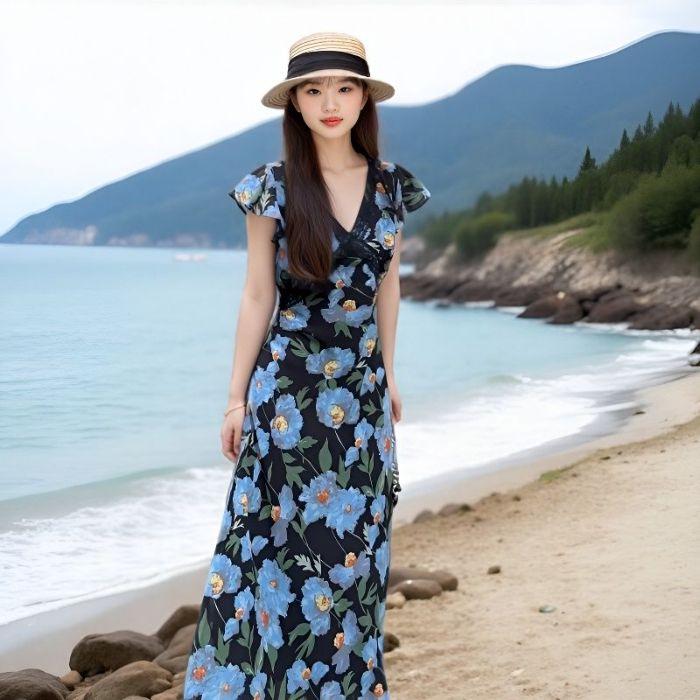 Elegant French V-neck Floral Puff Sleeve A-line Dress - Women s Summer Slimming Style S