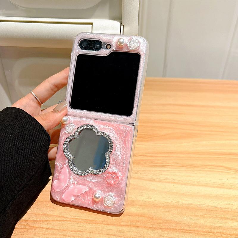 Diamond Flower Mirror Phone Case for Samsung ZFLP6 Flip Up Folding Screen ZFold 5 Butterfly Women's New Style