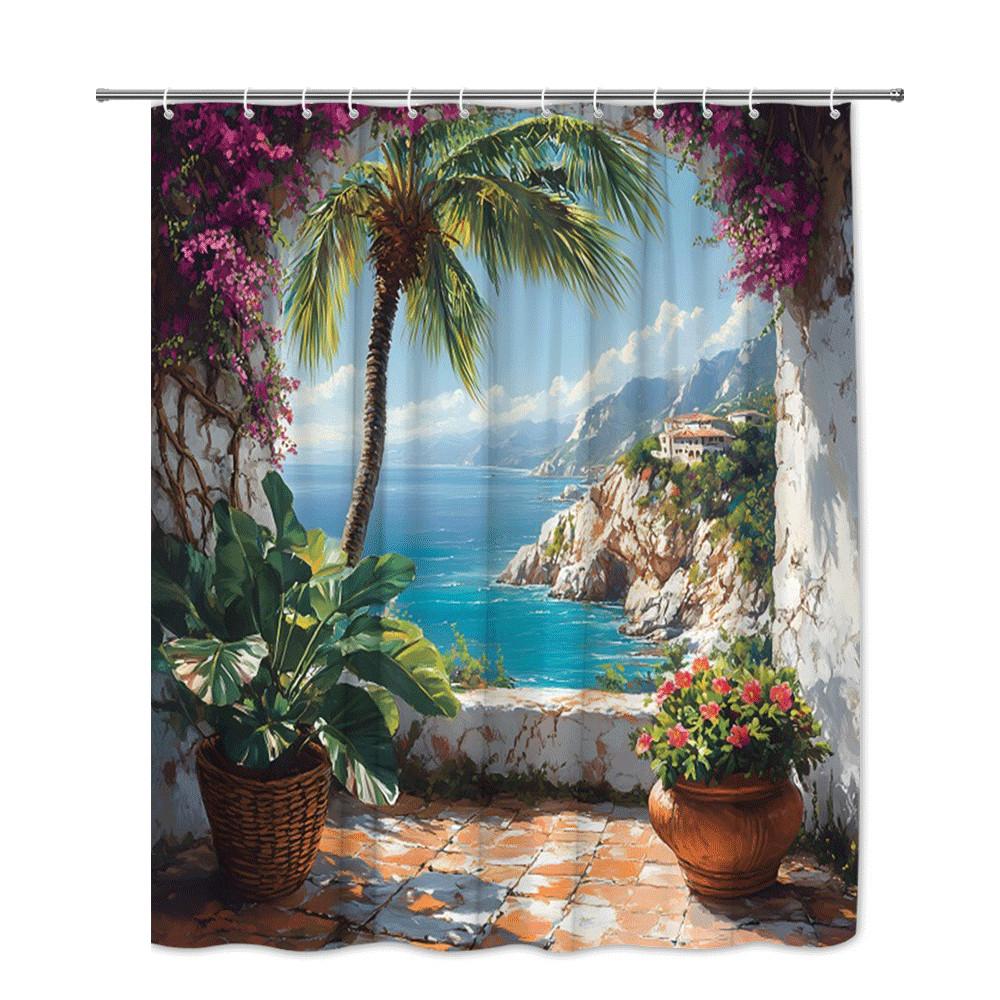 Tropical Ocean View Shower Curtain Palm Tree Beach Scene Waterproof Mildew Resistant Fabric For Bathroom Decor Non-Toxic