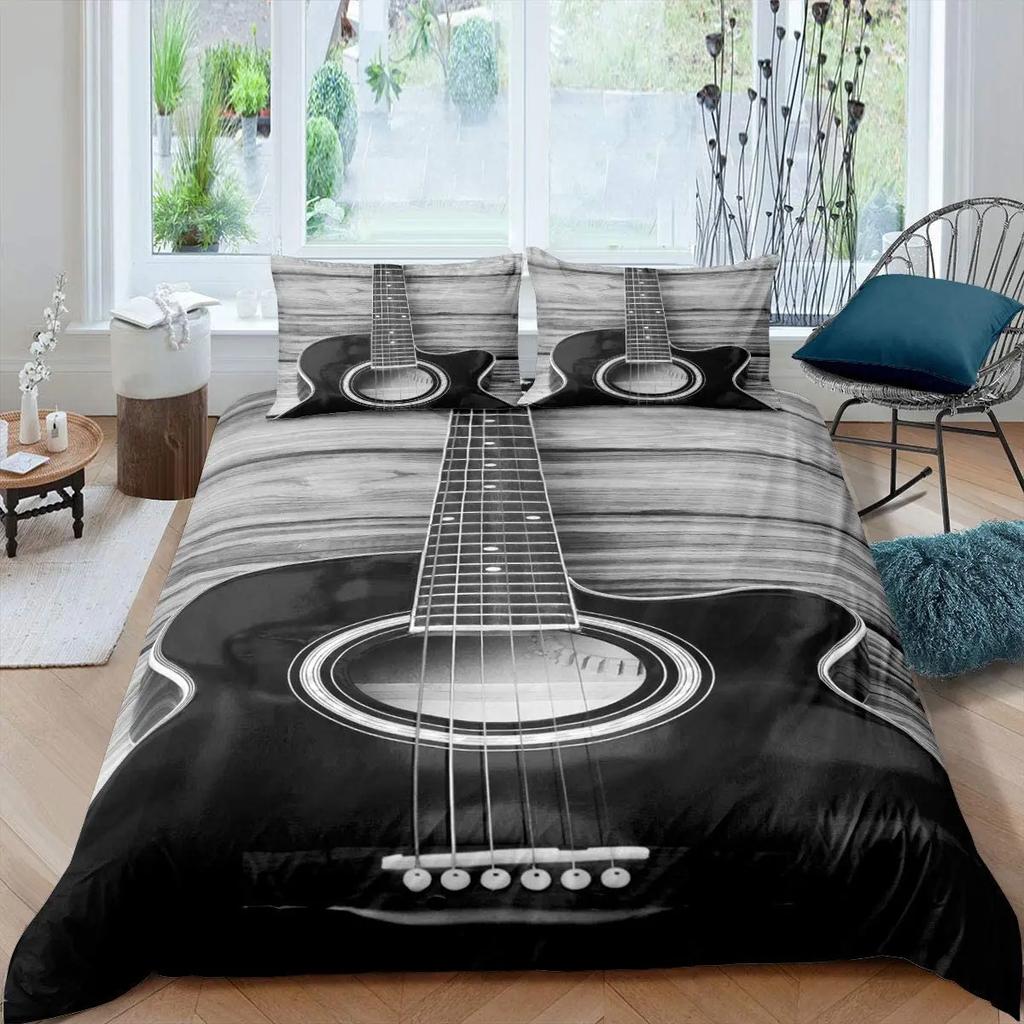 Guitar Duvet Cover Set King Queen Full Size Watercolour Style Polyester Comforter Cover for Kids Boys Girls Teens Bedding Set