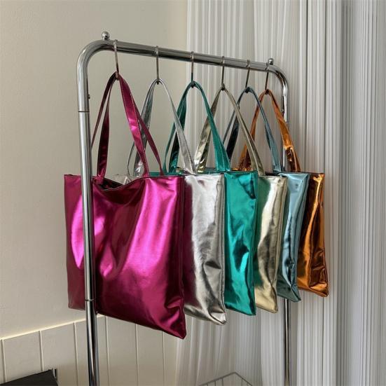 Glossy Tote Bag Women Shiny Solid Color Shoulder Bag High Capacity Faux Leather Handbag for Date Street Party Shopping