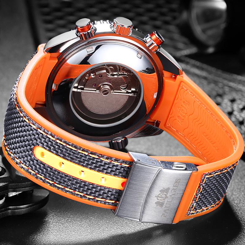 PAULAREIS Masculino Automático Auto Vento Mecânico Pulseira de Borracha de Lona Laranja Azul Vermelho Multifuncional Data Mês Relógio