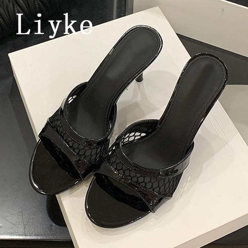 Heeled Footwear Female Slides Women Slippers Fashion Wine red Breathable Mesh Round Toe Thin Heels Sandals Pumps Shoes