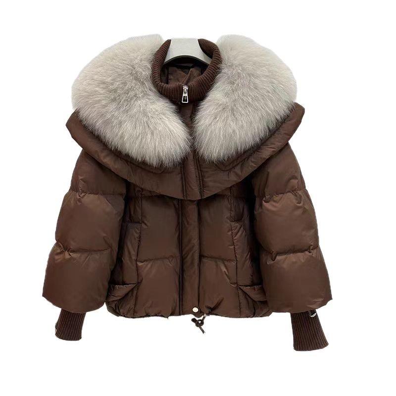 Winter new fox big fur collar down jacket women's short loose thickened white duck down fur jacket