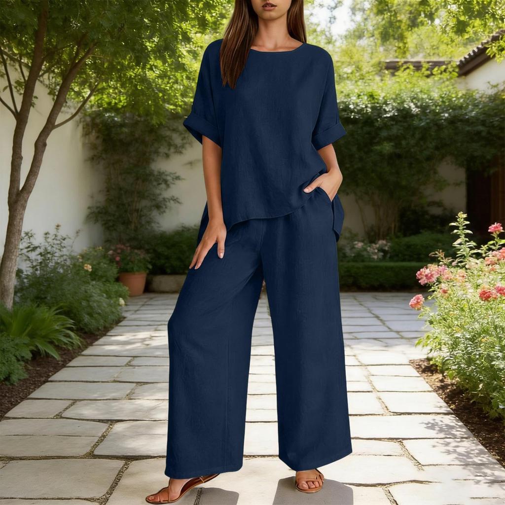 Women's Color Two Piece Set with Three-Quarter Sleeve Top and Long Pants Cotton Linen Casual Outfit