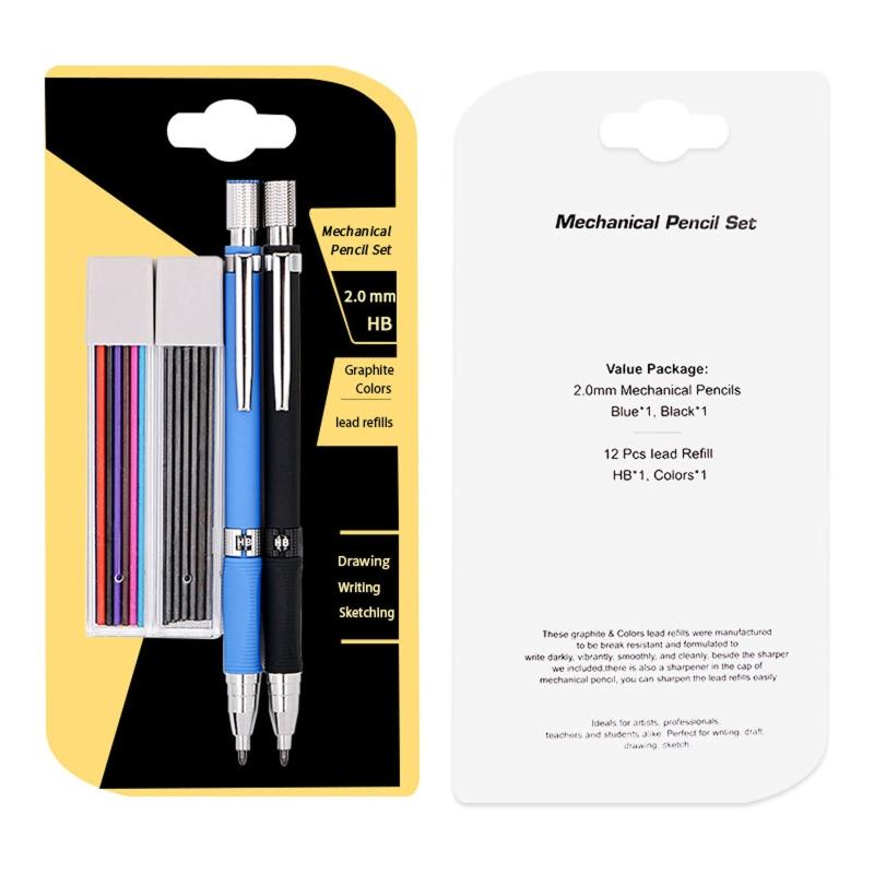 2.0 Mm Mechanical Pencil Set 2x Automatic Pencils 2 Cases Refills (Color and Black) for Draft Drawing Writing Crafting