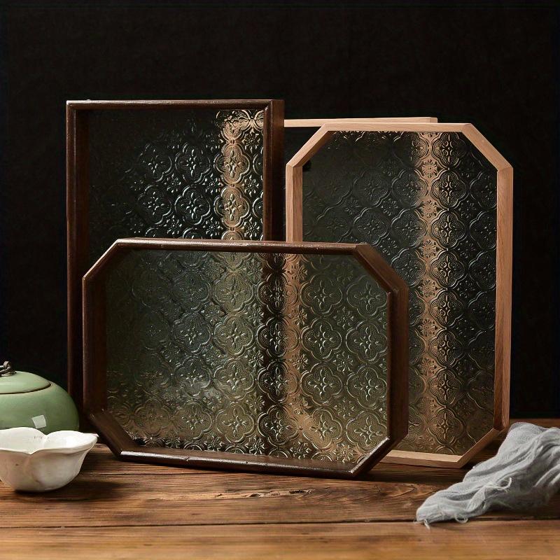 Black/White Square or Octagon 1pc Vintage Wood Crabapple Embossed Glass Desktop Tea tray,Walnut Snack Fruit Household Storage Tray.