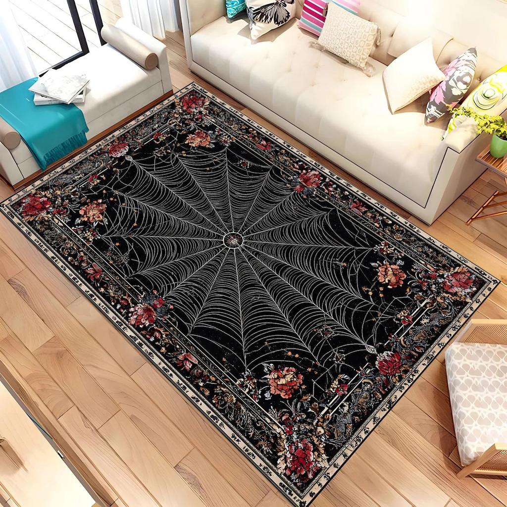 Gothic Spinnennetz Carpet - Gothic Witchy Halloween Room Decor Schwarz Roter Bereich Rug Living Room Bedroom Decor Rug Washable