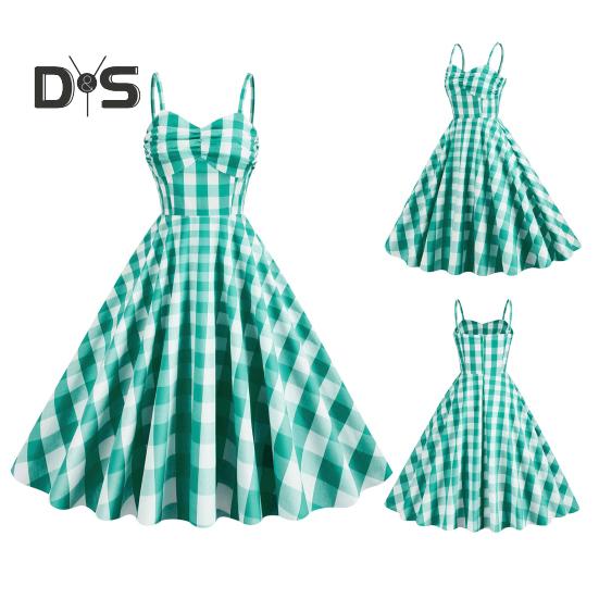 

Женское вечернее платье в клетку 50-х годов, А-силуэт, большой подол, винтажное, без рукавов, с открытой спиной, с V-образным вырезом, застежка-молния сзади, контрастного цвета, с высокой талией, макси-платье M зелёный