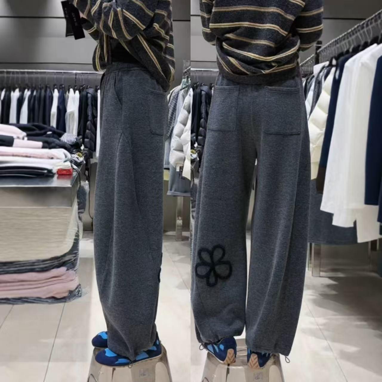 

Women s Plus Size Gray Floral High Waist Fleece-Lined Wide Leg Pants L