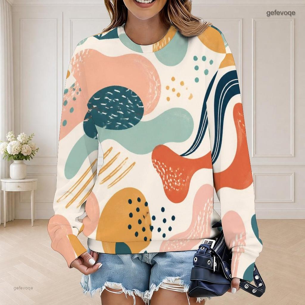 Women Plus Size Round Neck Long Sleeve Abstract Printed Ribbed Cuffs Pullover Sweatshirt