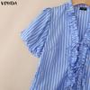 VONDA Women Puff Short Sleeve Bow Knot Striped Casual Ruffled Blouse Tops