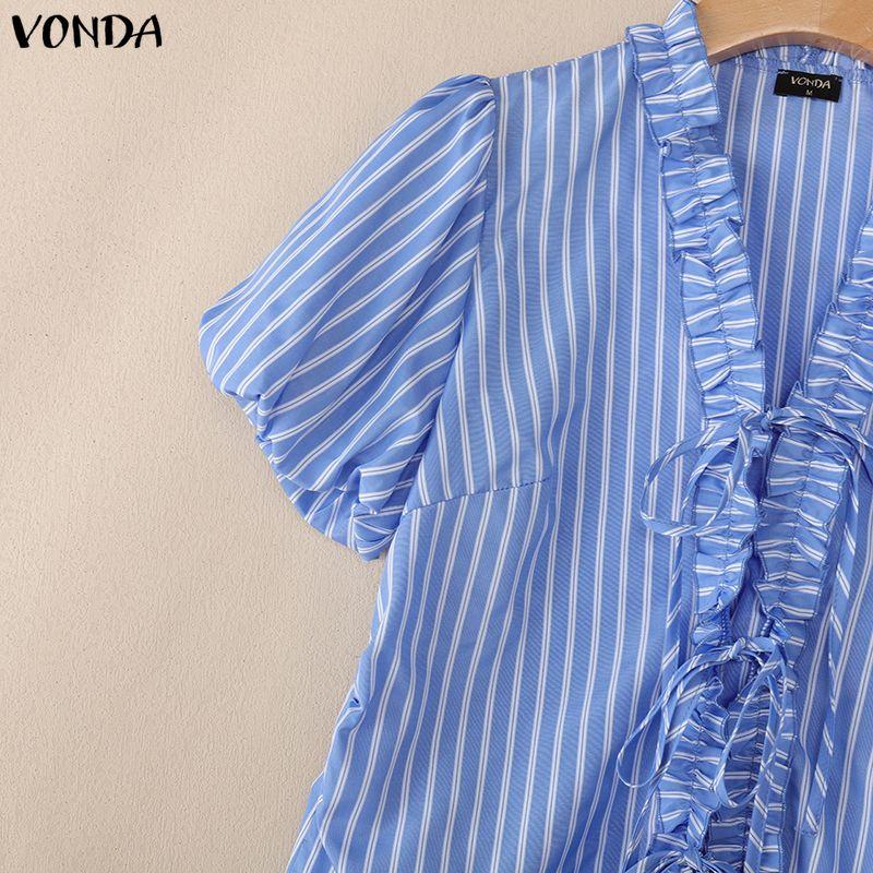VONDA Women Puff Short Sleeve Bow Knot Striped Casual Ruffled Blouse Tops