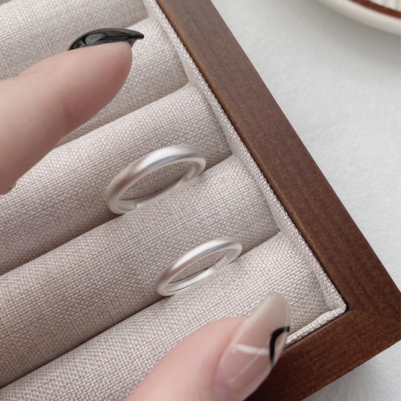 Sterling Silver S999 Adjustable Couple Rings - Matte Frosted Band with Retro Design. Open Adjustable