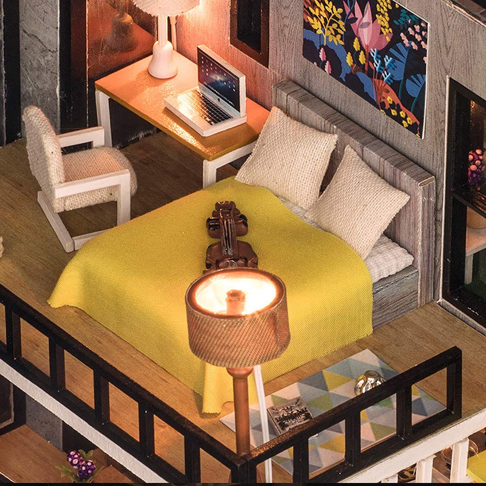 moin moin Dollhouse Miniature DIY Kit Modern Dollhouse with Large Lawn and LED Music and Acrylic Case Set, Two-Story Balcony, Lights, Box,