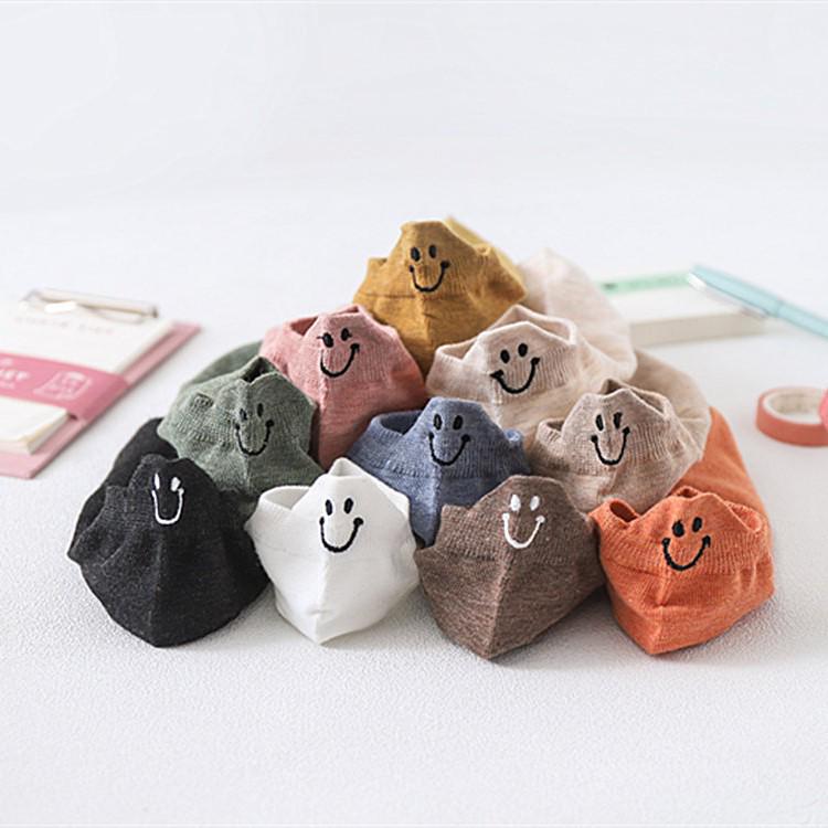 Women's Cute Japanese Cartoon Eyes Cotton Socks with Smiley Face Embroidery - Short Boat Style