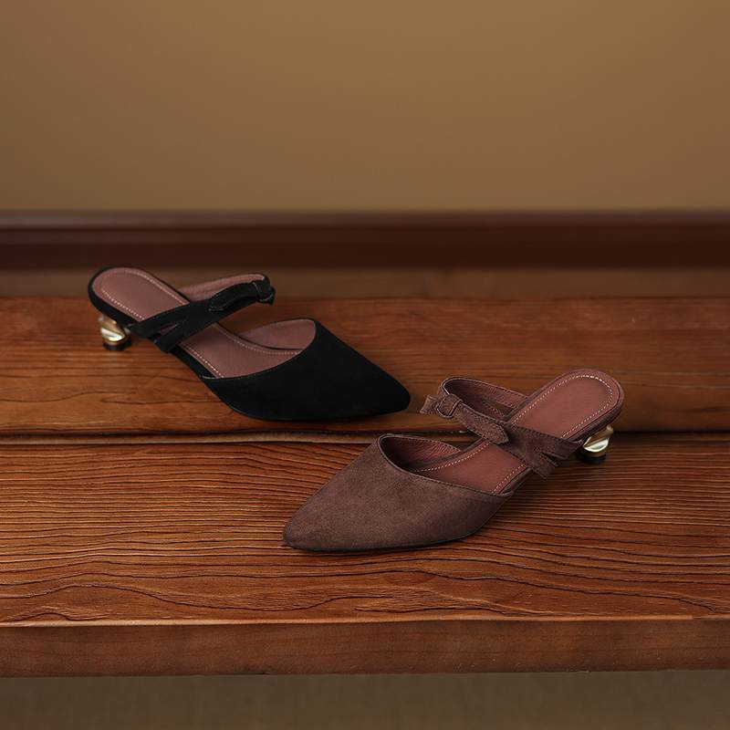 Krazing Pot Suede Butterfly-knot Mules Strange Style Med Heels Summer Size 42 Pointed Toe Slip on Women Shallow Pumps