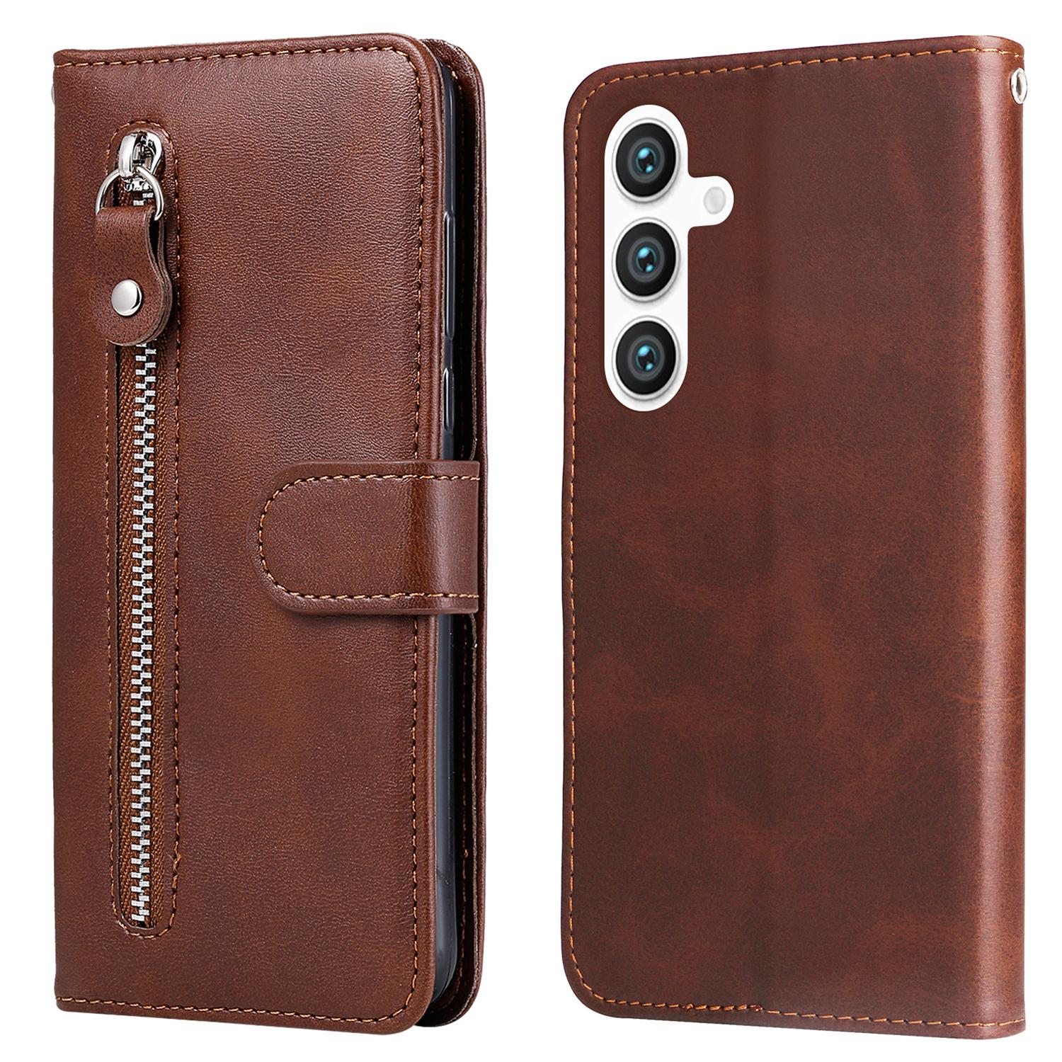 

For Samsung Galaxy S24 Case Zipper Pocket Flip PU Leather Protective Cover Brown
