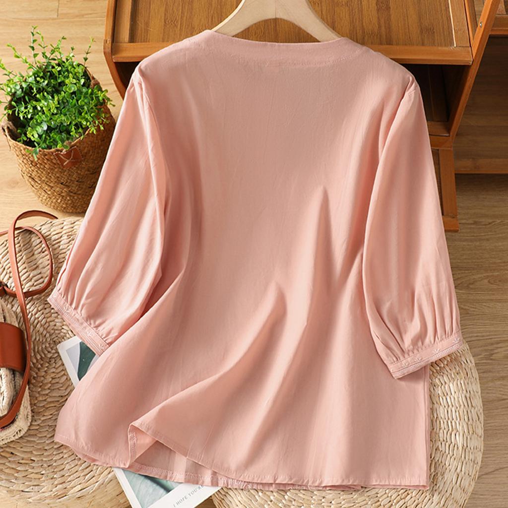 Hauts pour femmes en coton et lin Hauts Rétro à Boutons Chinois Manches 3/4 Col en V Chemises