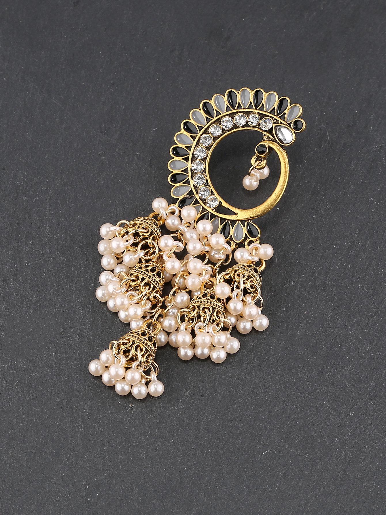Shein Multicolor Ethnic-Style Pearl Half Moon Retro Bell Earrings серый/чёрный