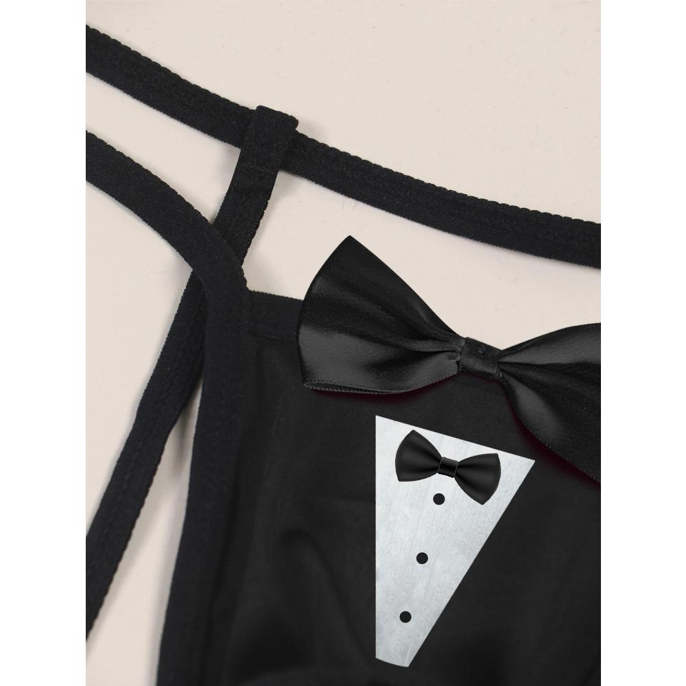 Men's Sexy Crotch Hollow Thong Underwear with Fun Printed Bow Decoration Breathable Underwear