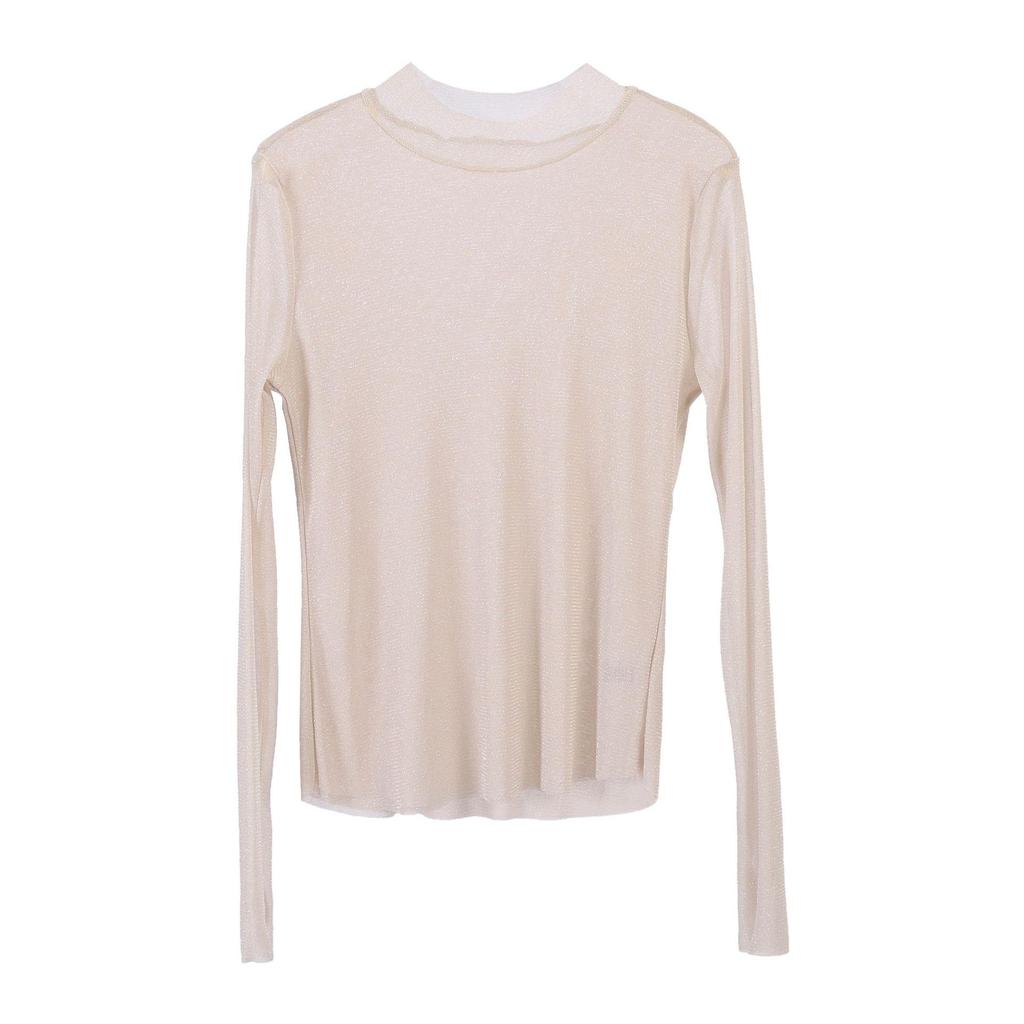 Feiyuan Women's Semi-Sheer Long-Sleeve Top, Solid Color, Versatile Sexy Base Layer, Tummy Concealer, Spring 2026 Arrival