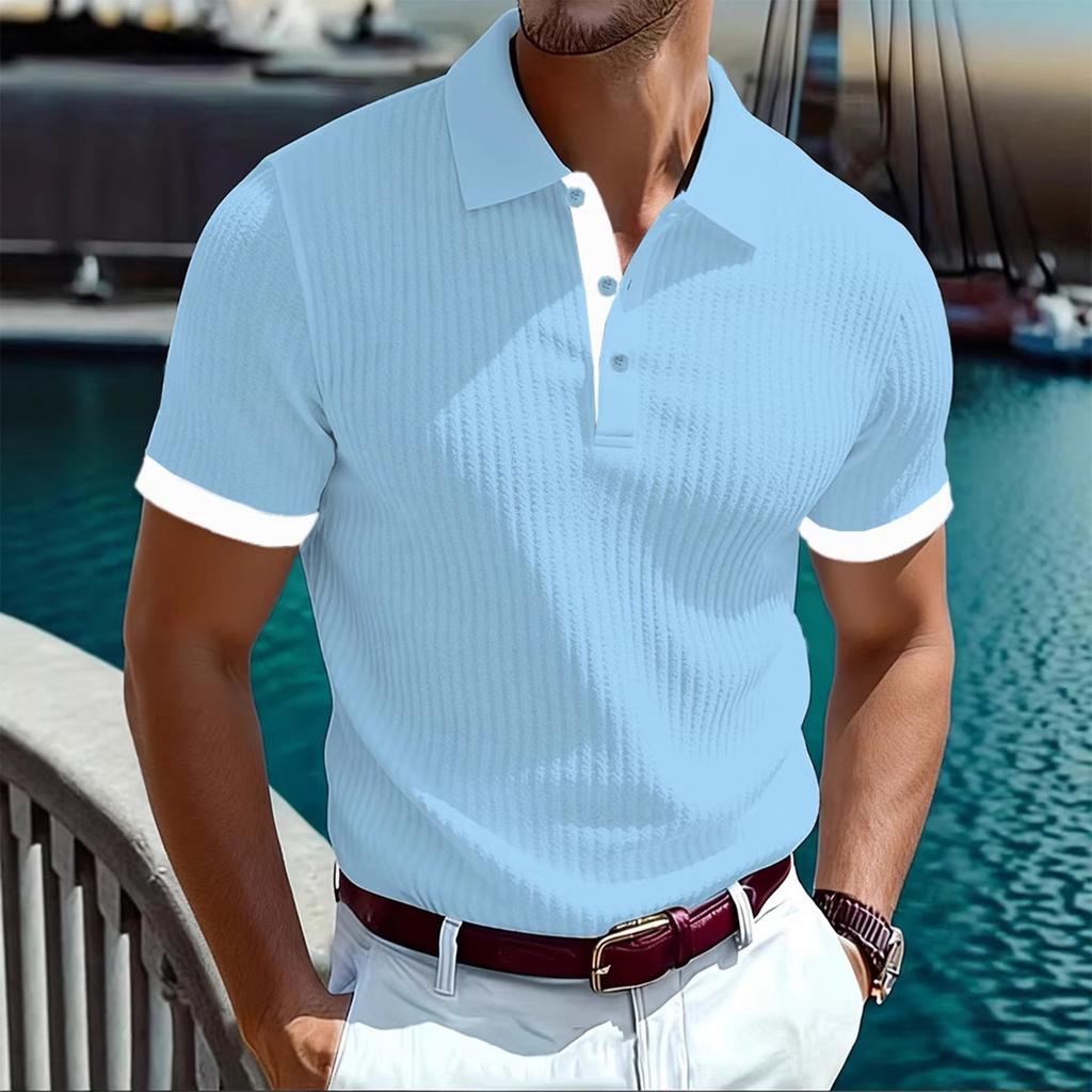 Pánské letní ležérní žebrované tričko s V-výstřihem a krátkým rukávem, barevný top na dovolenou a výlety