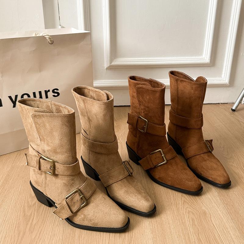 

French thick heel small short boots children 2025 autumn new pointed Martin boots retro western cowboy mid-ankle boots 40 хаки