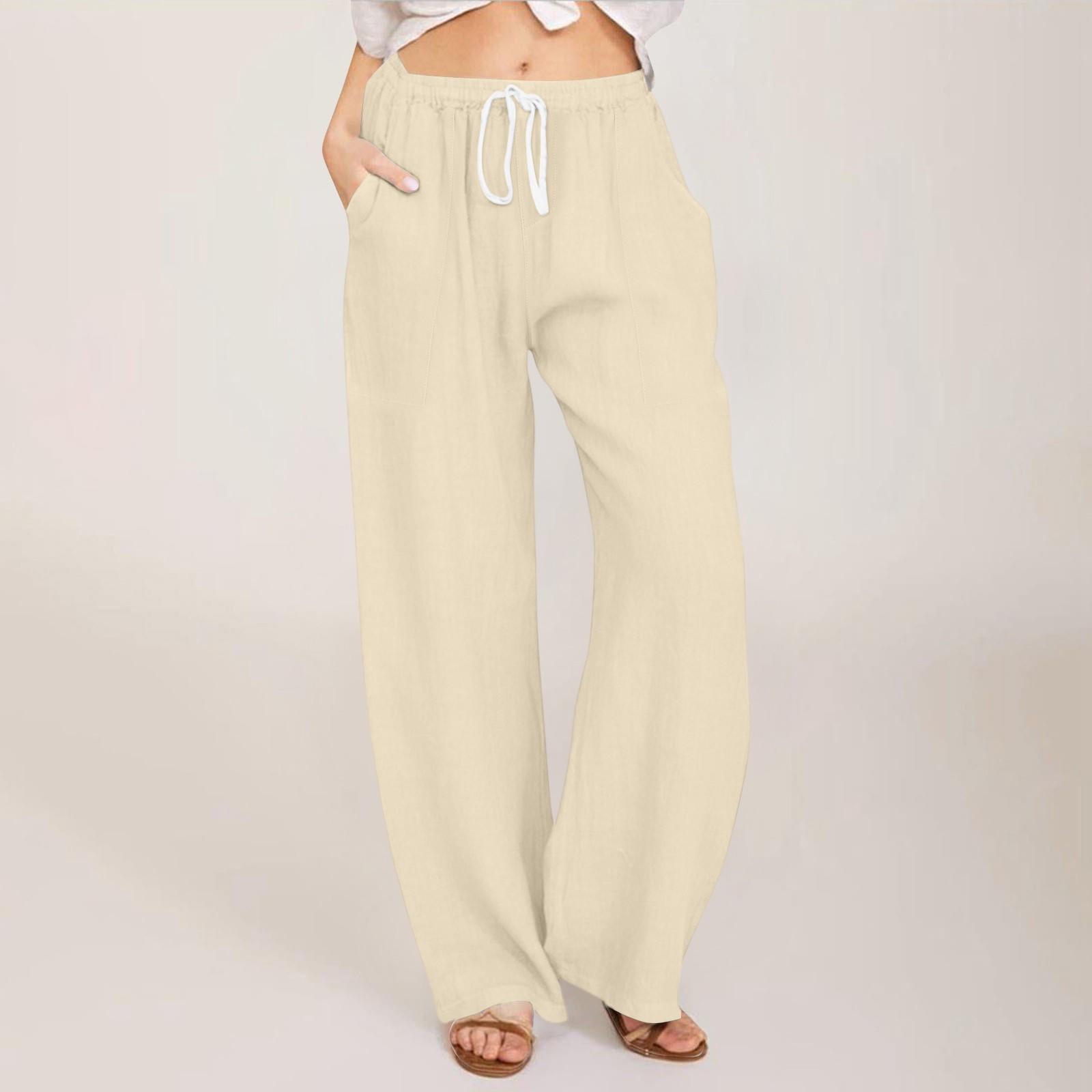 Women s Summer Elastic Waist Color External Pocket Cotton And Linen Loose Pants XXXL