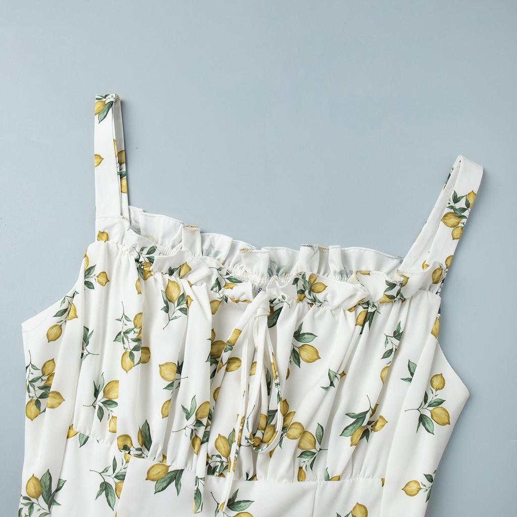Nuovo Vestito Sottoveste Estivo con Stampa Floreale, Scollo Basso, Vita con Laccio, Spacco Alto, Abito Casual da Festa per Donna