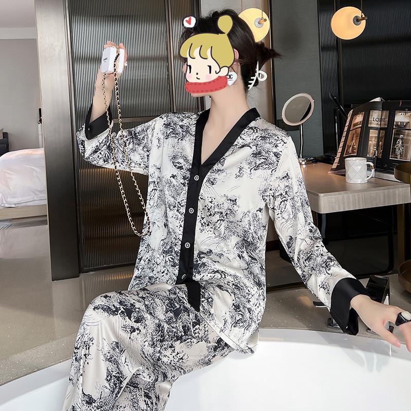 Warm Season Autumn Ink and Wash Painting Pattern Silk Pajamas Women's Long Sleeve Simple Sleepwear Homewear Nightwear Loungewear 2PCS