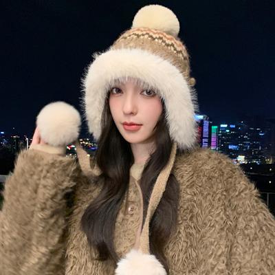 Herbst- und Wintermütze Damen Niedliche Bommel Strickmütze Ohrenschutz Warme Mütze