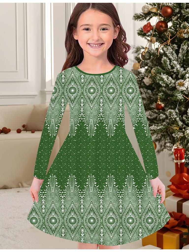 Girls' Autumn and Winter Fashion Dress, 3D Vintage Pattern Print  Round Neck Long Children's T-shirt Dress, Casual Versatile, Christmas Clothing