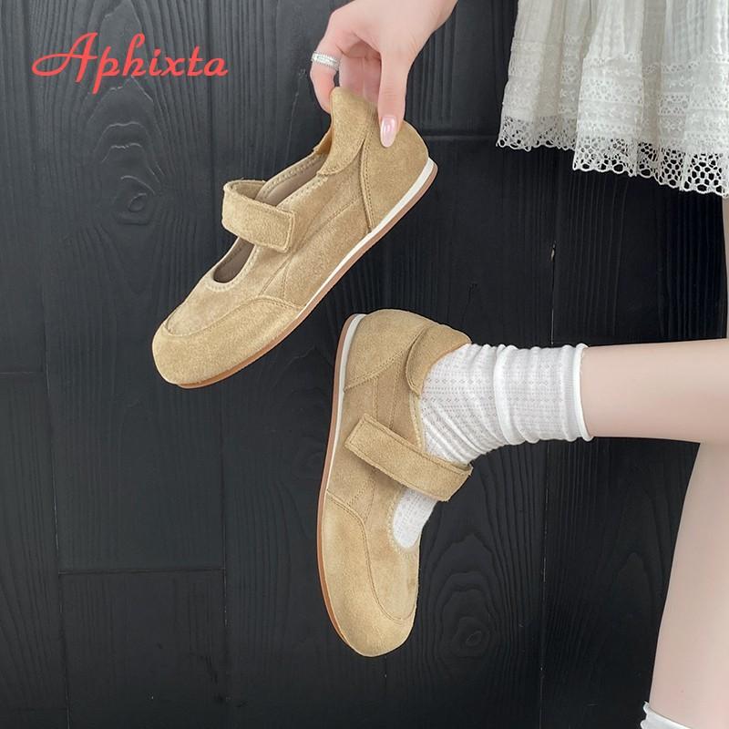 Fashion Aphixta New Flat with Mary Janes High Quality Cow Suede Flats Hook Loop Flat Shoes Women Shallow Concise Round Toe Ladies Shoes
