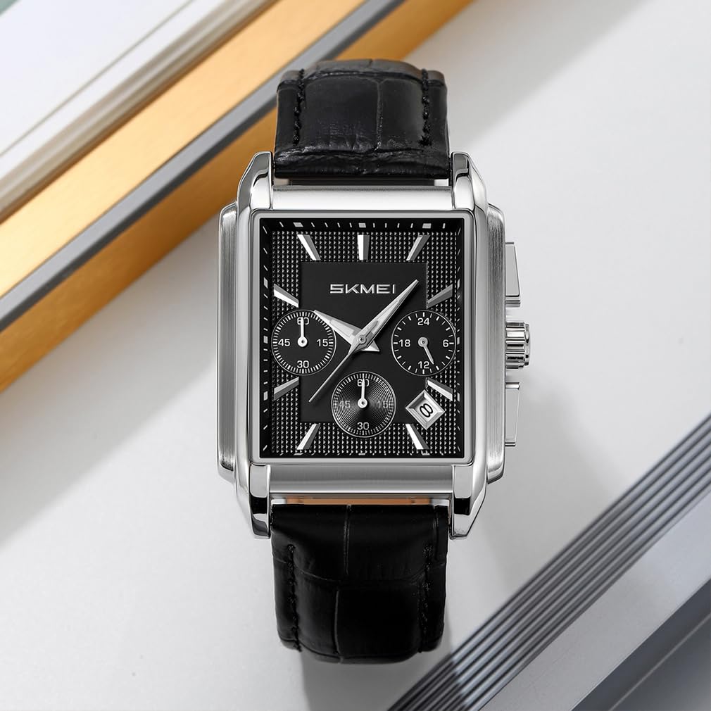 Skmei Square Watch Black Leather Strap Stylish Arm Watch Chronograph Waterproof Brand Analog Business Casual Watch Luxury Gift Silver Black Watch for