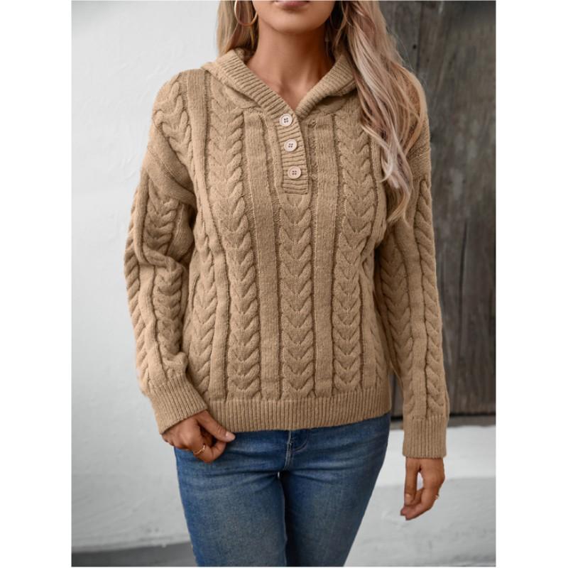Women's Fall and Winter Vintage Hooded Pullover Sweater Comfortable Button Soft Knit Top