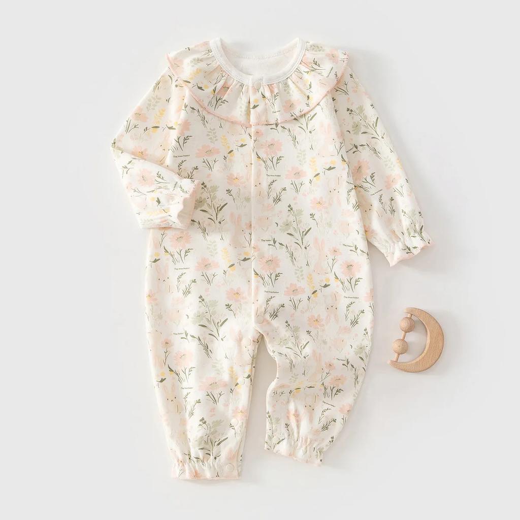 Frühlings-Schlafanzug Body 0-2J Neugeborene Säuglinge Mädchen Baumwolle Strampler Baby Langarm Rüschenkragen Blumenmuster Einteiler Overall