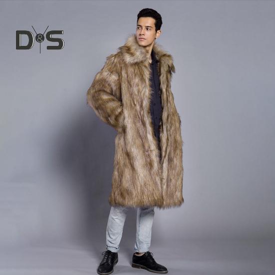 Men Long Faux Fur Overcoat Lapel Long Sleeve Windproof Open Front Coat Thickened Warm Imitation Fur Outwear