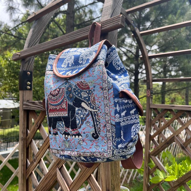 Damen Ethnisch Elefantenmuster Rucksack Leinwand Kordelzug Schultasche Vintage Reise Tagesrucksack Umhängetasche