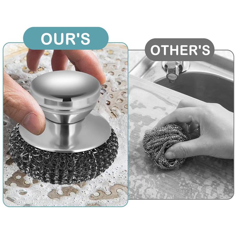 2Pcs Stainless Steel Scrubber with 2 Replacement Wire Pads Steel Wool Scrubber Pot Cleaning Brush Dishes Scrubber Cleaning Tool
